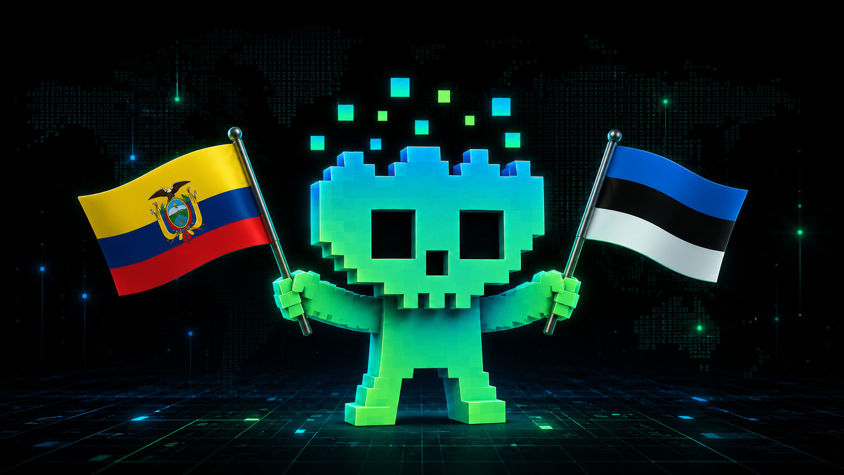 Huma Hack mascot holding the flags of Ecuador and Estonia, representing coverage across the Americas and Europe