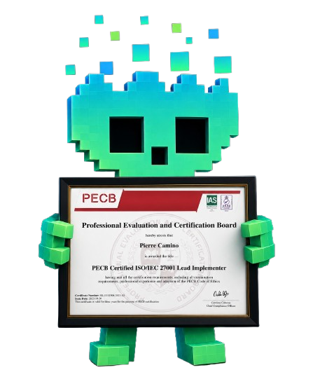 Huma Hack mascot holding a PECB Certified ISO/IEC 27001 Lead Implementer certificate