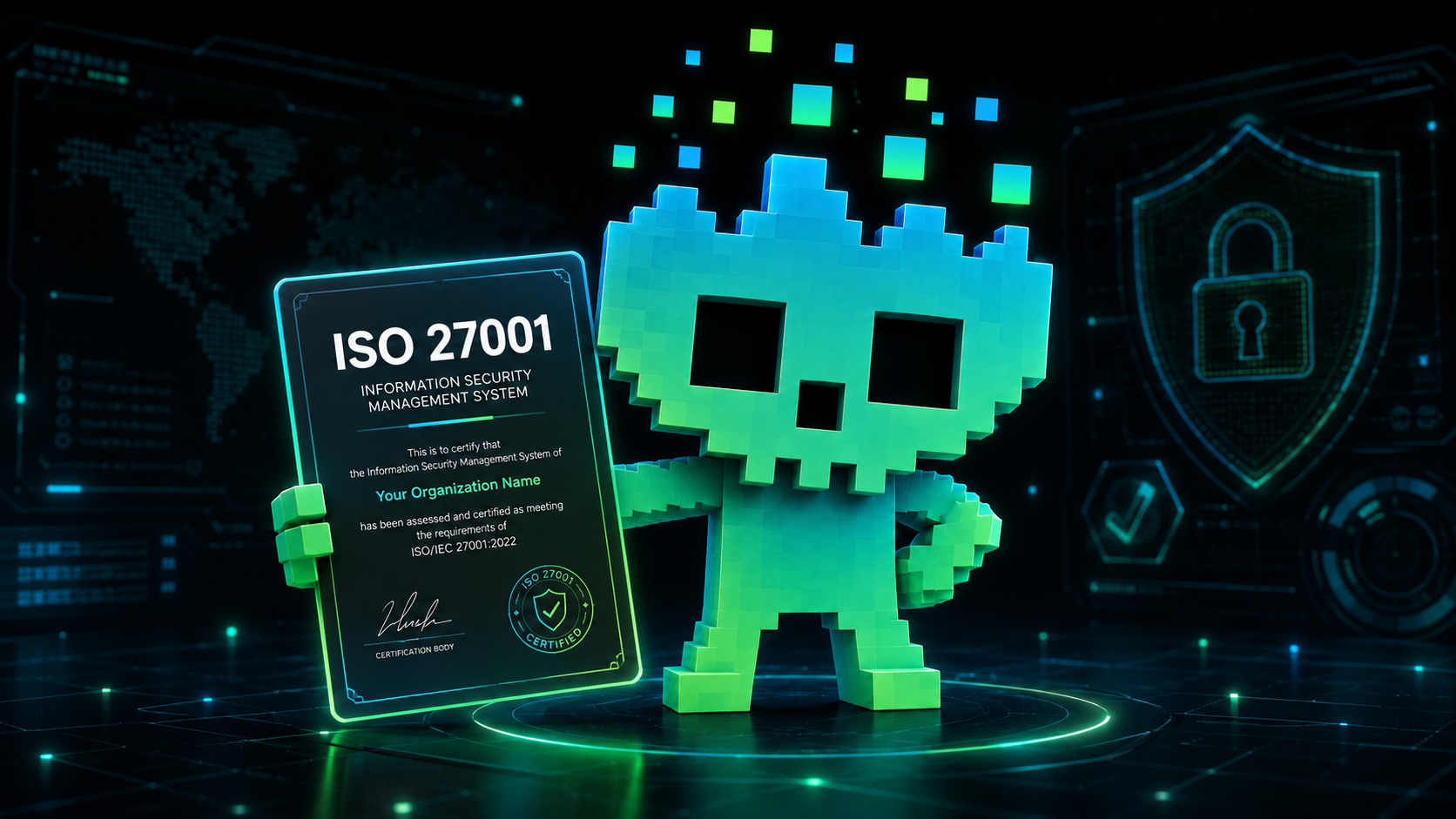 Huma Hack mascot presenting an ISO 27001 Information Security Management System certificate
