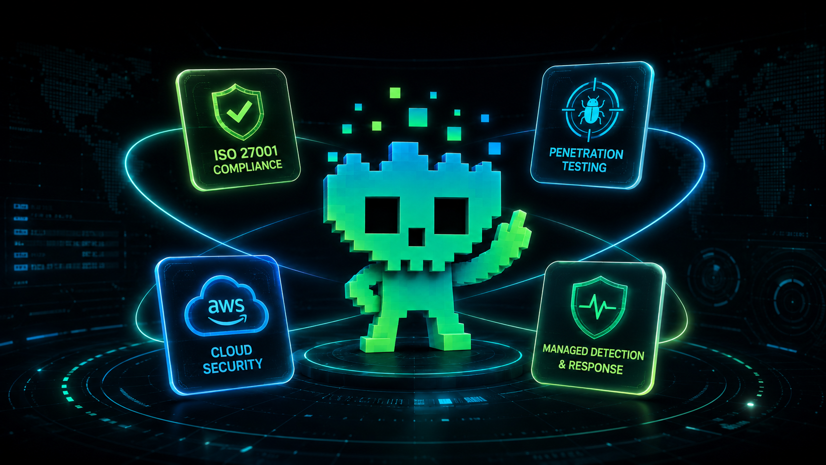 Huma Hack mascot surrounded by its four services: ISO 27001 compliance, penetration testing, AWS cloud security and managed detection & response